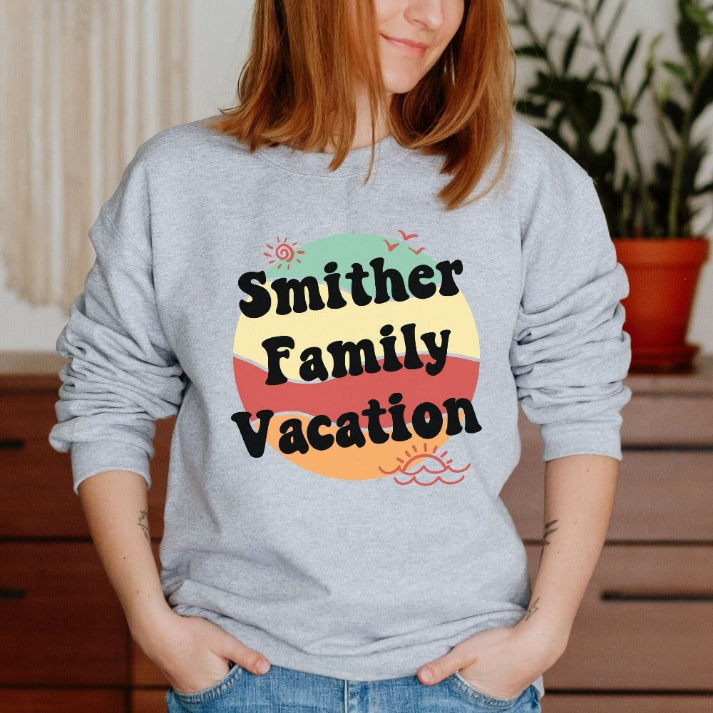 This matching family cruise vacation sweatshirt is the perfect custom way to get into vacay mode. Customized with name and personalized to stand out, the whole travel crew squad will love this retro vintage look. Perfect trip, cruise, beach life adventure!