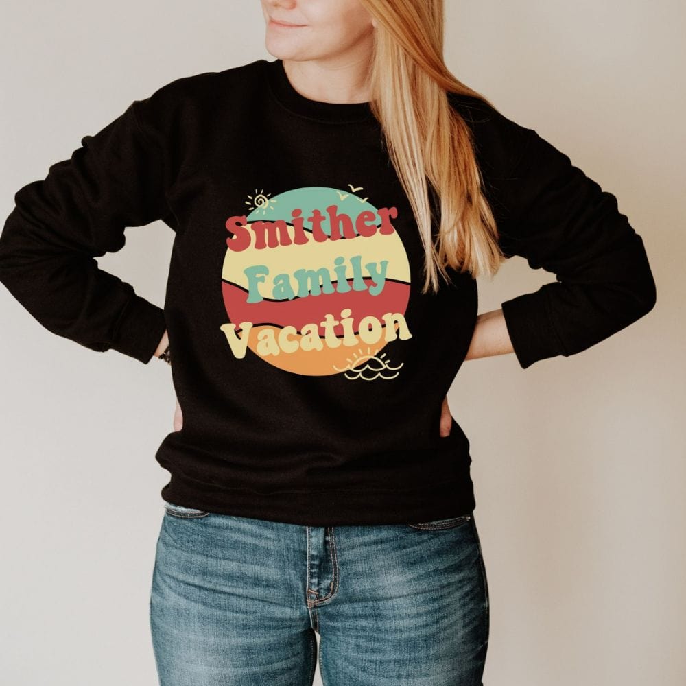 This matching family cruise vacation sweatshirt is the perfect custom way to get into vacay mode. Customized with name and personalized to stand out, the whole travel crew squad will love this retro vintage look. Perfect trip, cruise, beach life adventure!