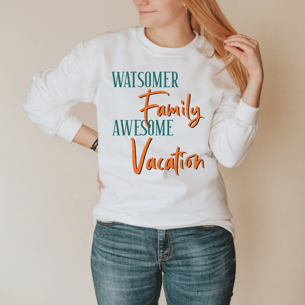 This personalized matching family group vacation sweatshirt outfit is a great way to get in Vacay mood for your getaway! Grab this custom family last name gift souvenir for beach island cruise vacay vibes. Perfect for your adventure with your whole travel crew.