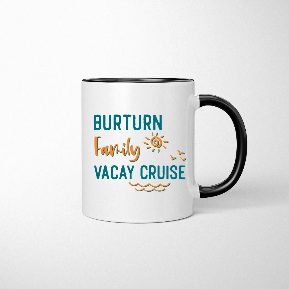 This customized family vacation travel gift mug brings a vacay mode for your summer break camping adventure or cruise. Personalize with name for a custom special touch. Perfect for cousin crew, siblings, mom daughter reunion, weekend getaway souvenir.