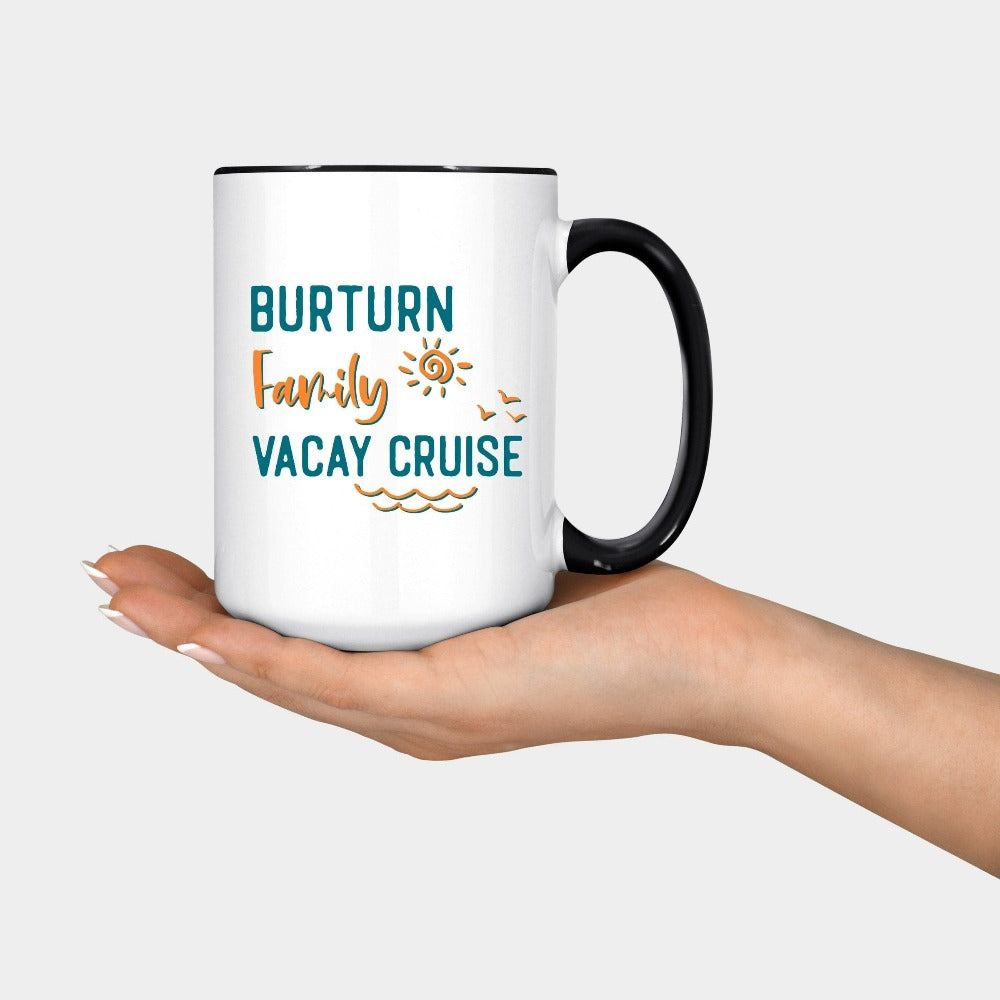 This customized family vacation travel gift mug brings a vacay mode for your summer break camping adventure or cruise. Personalize with name for a custom special touch. Perfect for cousin crew, siblings, mom daughter reunion, weekend getaway souvenir.