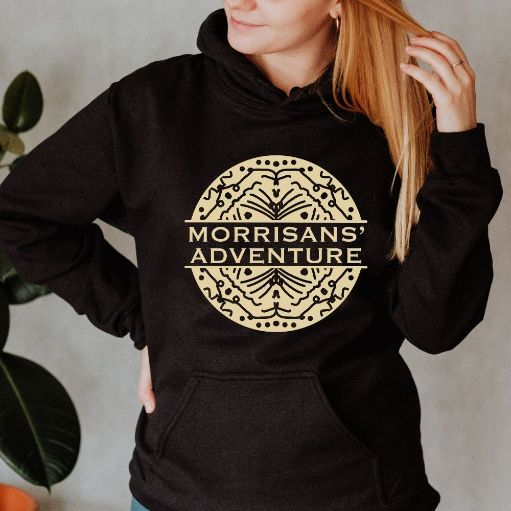 This customized family adventure hoodie is the perfect matching group travel custom name or destination outfit. Great for hiking camping mountain hike or other outdoors get together or reunion. Unique geometric abstract design is trendy and stands out. Get ready for adventure!