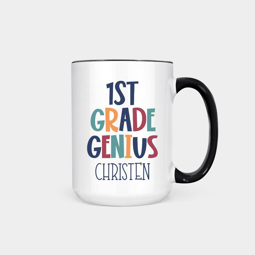 Customize this first grade, back to school drinking mug gift idea for your genius. For first day of school, school field trips, 100 days of school, graduation or a new grade. Perfect name cup for everyday use in or out of classroom. 1st grade souvenir.