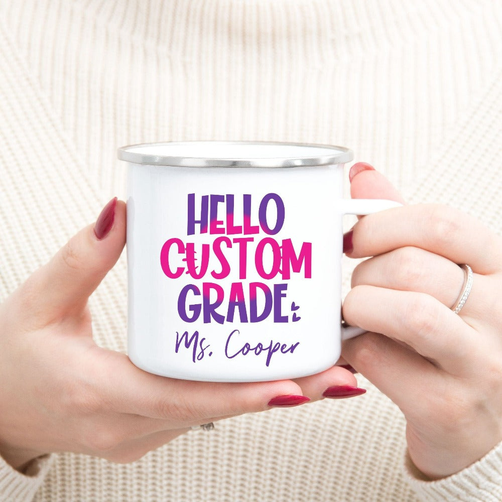 Customize this retro vibrant new grade coffee mug as a thank you gift idea for teacher, trainer, instructor and homeschool mama. Create a custom look and show appreciation to your favorite grade teacher with this unique present. Perfect for elementary team spirit, back to school, last day of school, summer or spring break. Great for everyday use both in and out of the classroom.