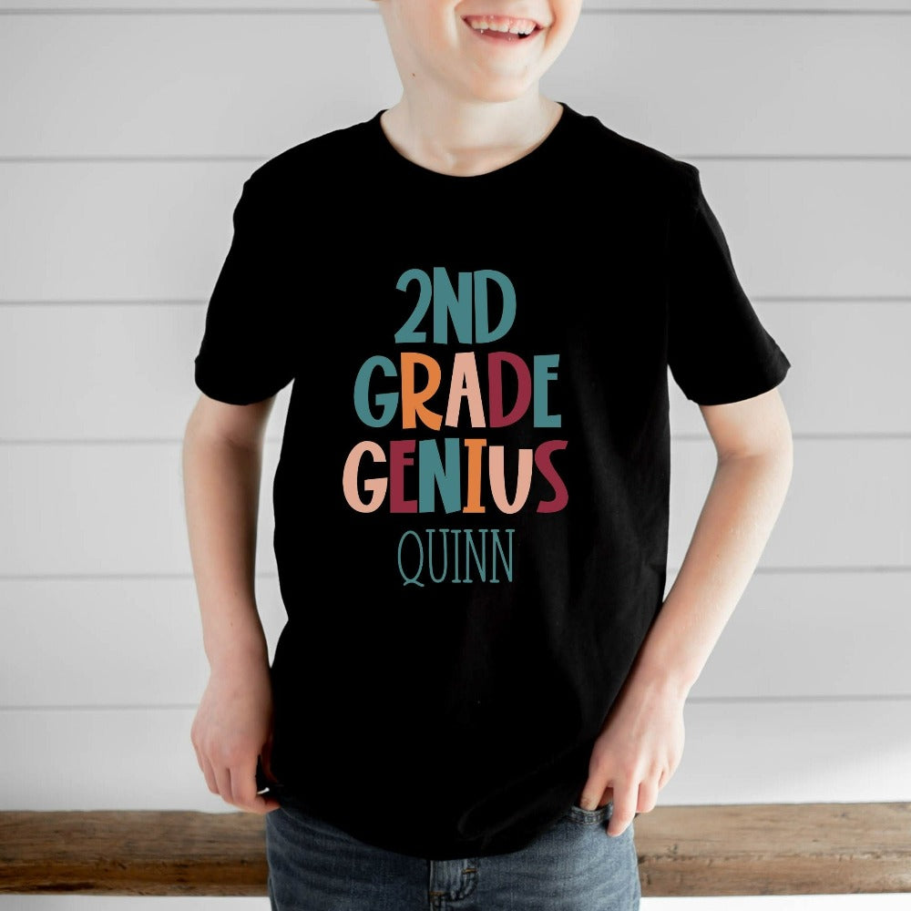 Customize this second grade, back to school shirt gift idea for your genius. For first day of school, school field trips, 100 days of school, graduation or a new grade. Perfect name tee outfit for everyday use in or out of classroom. 2nd grade t-shirt.