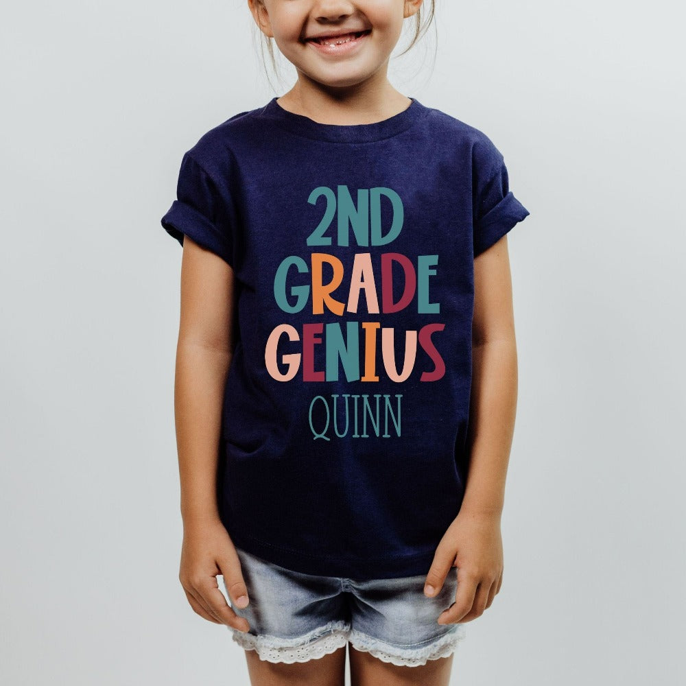 Customize this second grade, back to school shirt gift idea for your genius. For first day of school, school field trips, 100 days of school, graduation or a new grade. Perfect name tee outfit for everyday use in or out of classroom. 2nd grade t-shirt.