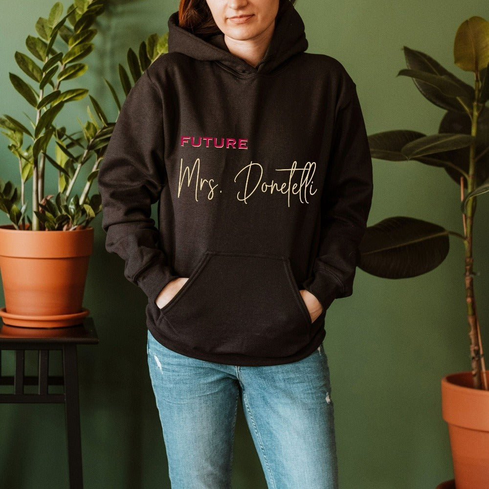 Grab this adorable wedding sweatshirt for the newest bride to be. Customized with name, this cute gift idea is perfect for a bridal shower present for the soon to be Mrs or engagement anniversary gift for wife/spouse. Custom personalized bachelorette shirt outfit.