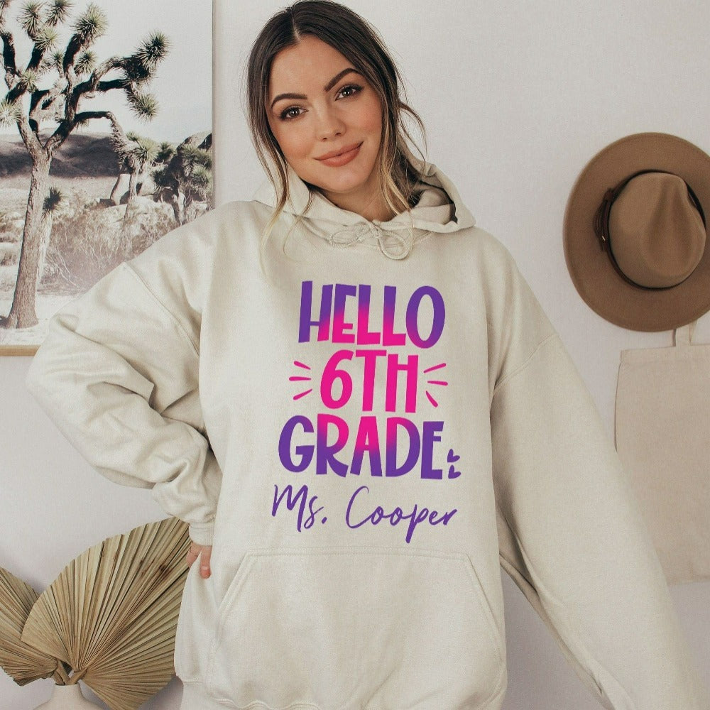 Hello 6th Grade! Customize this retro vibrant new grade sweatshirt as a thank you gift idea for teacher, trainer, instructor and homeschool mama. Create a custom look and show appreciation to your favorite grade teacher with this unique shirt. Perfect for middle school team spirit, back to school, last day of school, summer or spring break. Great outfit for everyday use both in and out of the classroom.