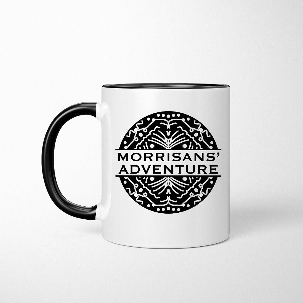 Customized family adventure coffee mug souvenir is the perfect matching group travel custom name or destination gift idea. Great for hiking camping mountain hike or other outdoors get together or reunion. Unique geometric abstract design is trendy and stands out.