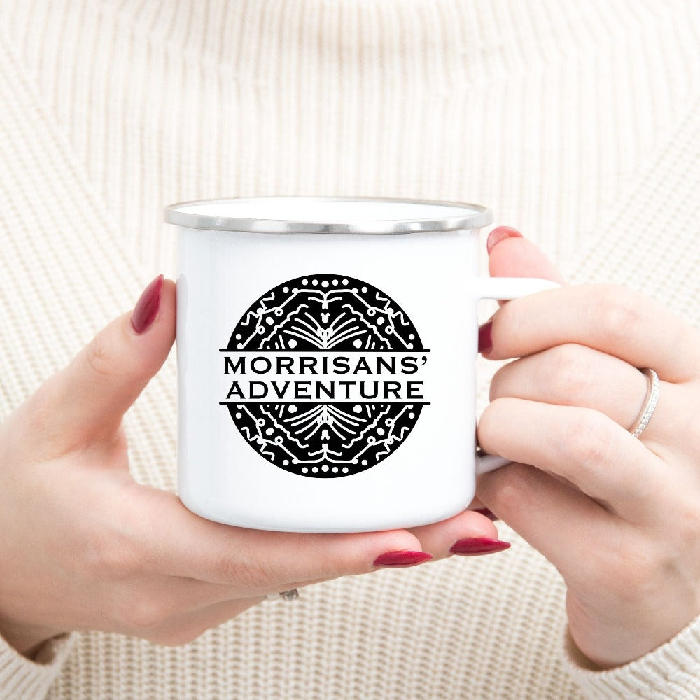Customized family adventure coffee mug souvenir is the perfect matching group travel custom name or destination gift idea. Great for hiking camping mountain hike or other outdoors get together or reunion. Unique geometric abstract design is trendy and stands out.