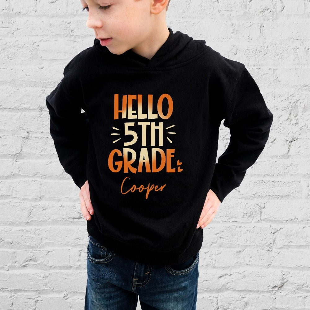 Hello 5th Grade! Customize this retro vibrant new grade sweatshirt as a thank you gift idea for teacher, trainer, instructor and homeschool mama. Create a custom look and show appreciation to your favorite grade teacher with this unique shirt. Perfect for elementary team spirit, back to school, last day of school, summer or spring break. Great outfit for everyday use both in and out of the classroom.