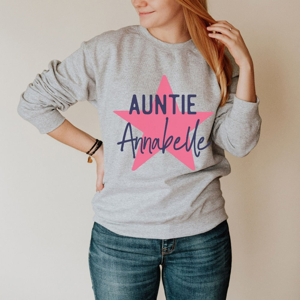 Customize this cute promoted to auntie baby announcement gift idea for women. This baby shower, family reunion or thanksgiving holiday, pregnancy reveal sweatshirt for aunt sister or best friend is a great idea to break the good news to family and friends. Pregnant mom gender party surprise to new aunt or loved tia. Custom aunt life present for Mother's Day or Christmas reunion.