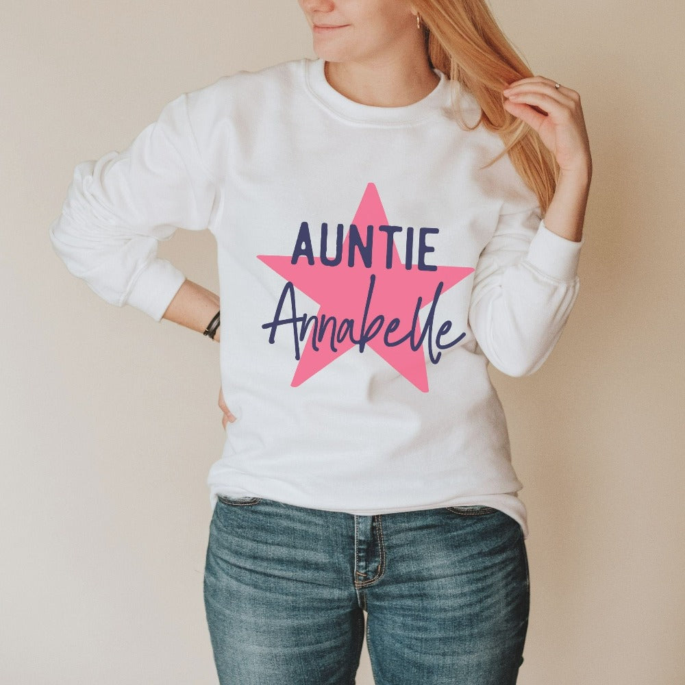 Customize this cute promoted to auntie baby announcement gift idea for women. This baby shower, family reunion or thanksgiving holiday, pregnancy reveal sweatshirt for aunt sister or best friend is a great idea to break the good news to family and friends. Pregnant mom gender party surprise to new aunt or loved tia. Custom aunt life present for Mother's Day or Christmas reunion.