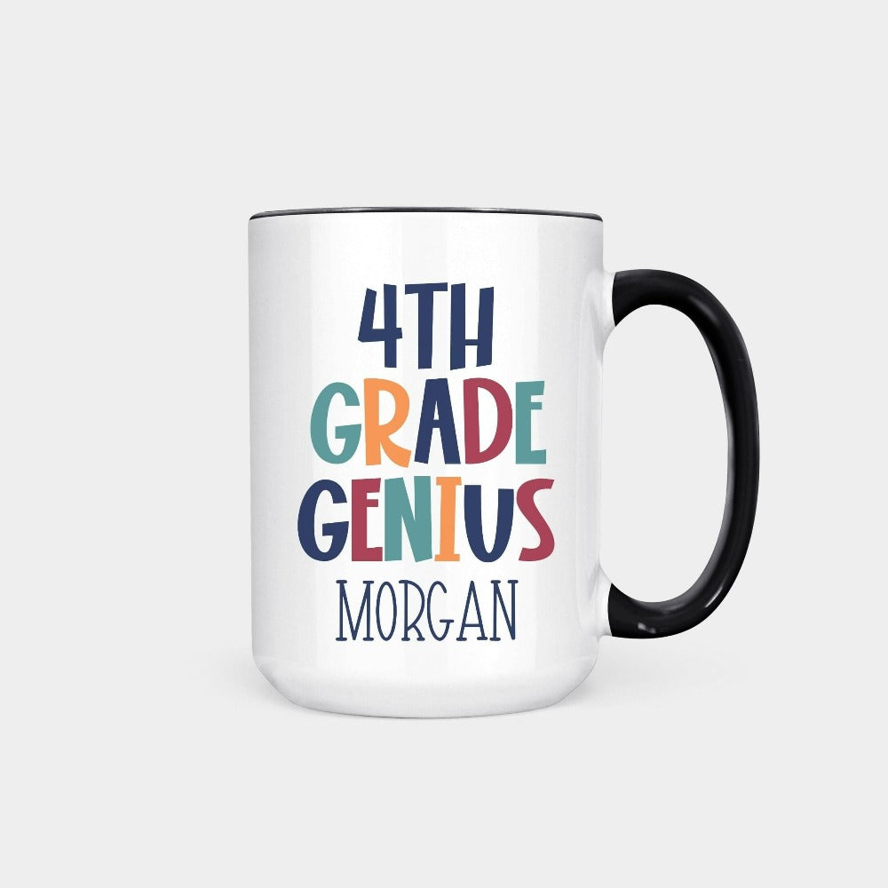 Customize this fourth grade, back to school drinking mug gift idea for your genius. For first day of school, school field trips, 100 days of school, graduation or a new grade. Perfect name cup for everyday use in or out of classroom. 4th grade souvenir.
