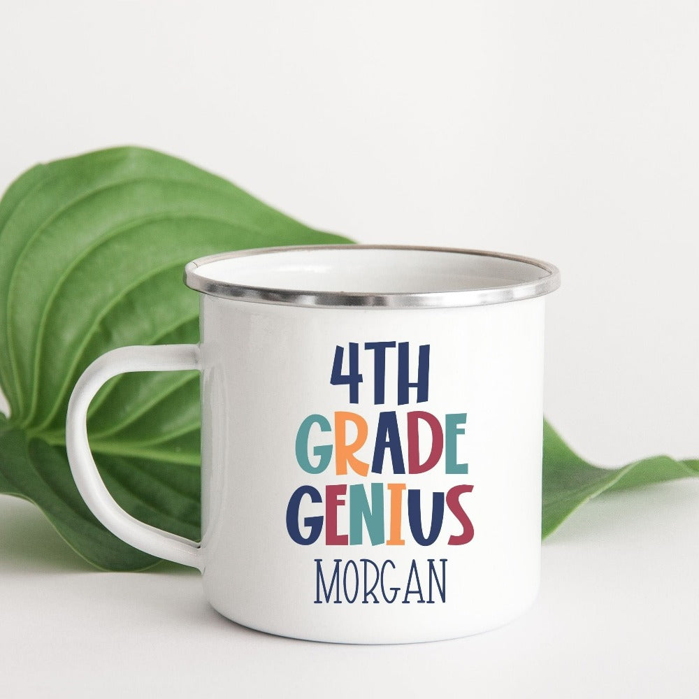 Customize this fourth grade, back to school drinking mug gift idea for your genius. For first day of school, school field trips, 100 days of school, graduation or a new grade. Perfect name cup for everyday use in or out of classroom. 4th grade souvenir.