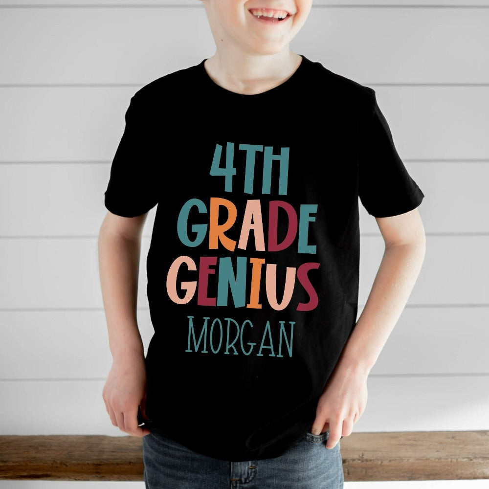 Customize this fourth grade, back to school shirt gift idea for your genius. For first day of school, school field trips, 100 days of school, graduation or a new grade. Perfect name tee outfit for everyday use in or out of classroom. 4th grade t-shirt.