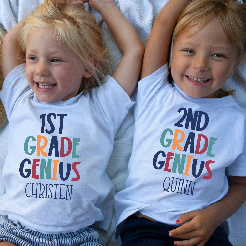 Customize this new grade, back to school shirt gift idea for your genius. For first day of school, school field trips, 100 days of school, graduation or a new grade. Perfect name tee outfit for everyday use in or out of classroom. Hello class t-shirt for first, second, third, fourth, fifth, sixth grade and more.