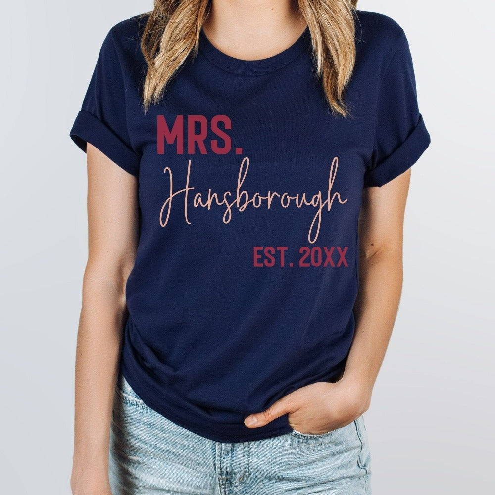 Grab this adorable Mrs. shirt for the newest bride to be. Customized with name and date, this cute gift idea is perfect for a bridal shower or wedding present for the soon to be Mrs or engagement anniversary gift for wife/spouse. Custom personalized bachelorette shirt outfit.