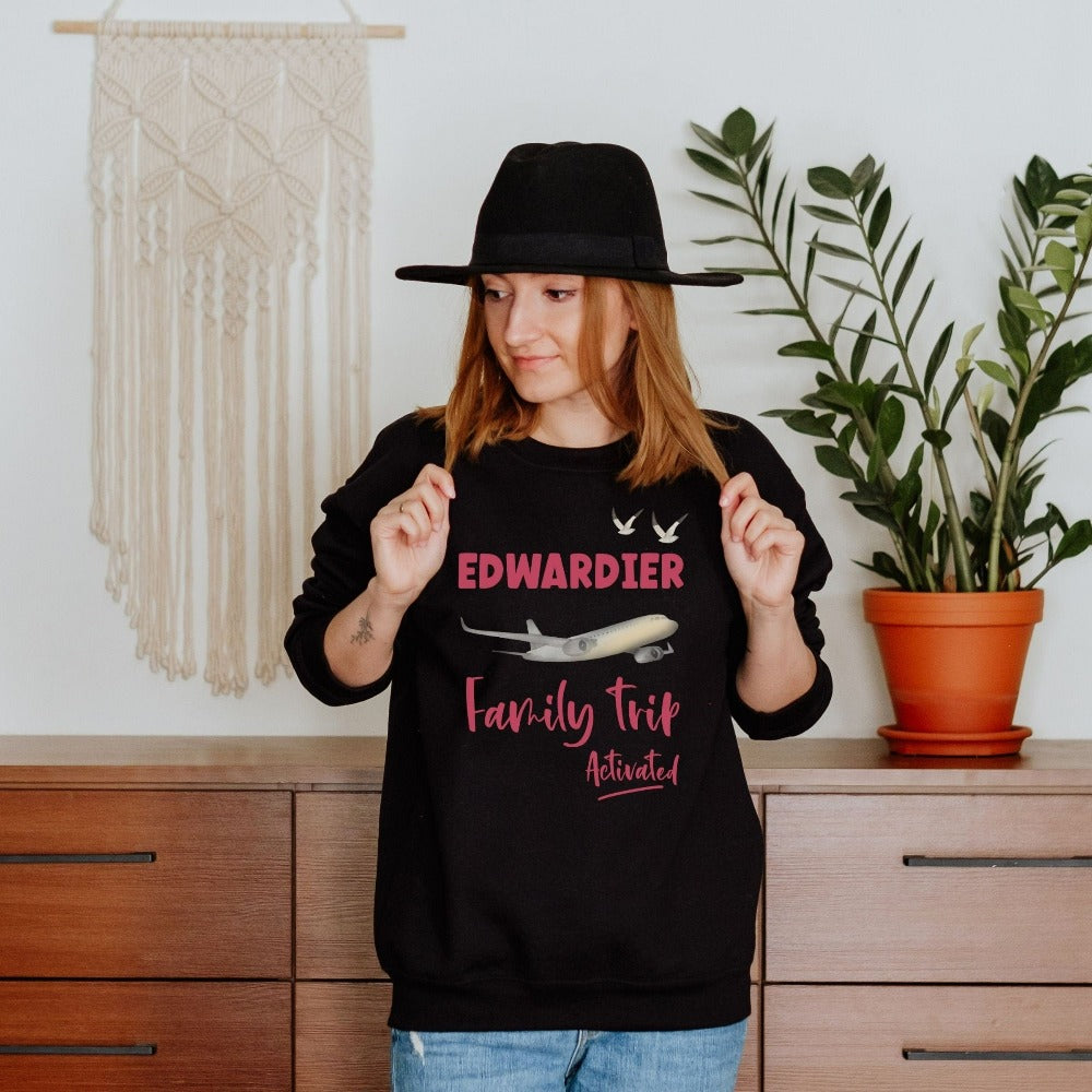 Family trip activated and in progress. Get in vacay mode with this custom outfit personalized with name and stand out on your summer vacation, island retreat, reunion, or mother daughter trip. Customized as a travel souvenir for adults and kids.