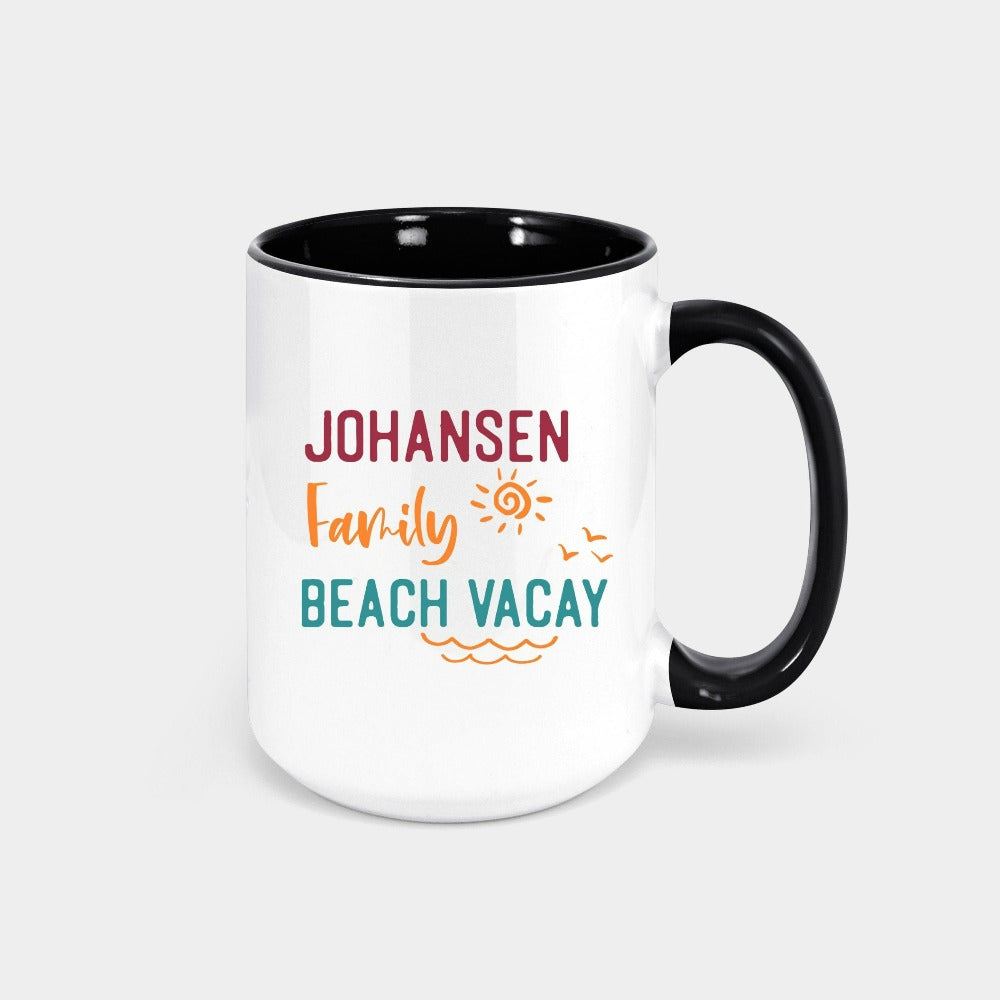 This customized family vacation coffee mug brings the perfect vacay mode for your summer break camping adventure or cruise. Personalize with name for a custom special touch. Souvenir is perfect for cousin crew, siblings, mom daughter reunion, weekend beach getaway and more!