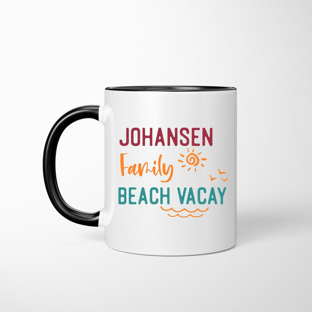 This customized family vacation coffee mug brings the perfect vacay mode for your summer break camping adventure or cruise. Personalize with name for a custom special touch. Souvenir is perfect for cousin crew, siblings, mom daughter reunion, weekend beach getaway and more!