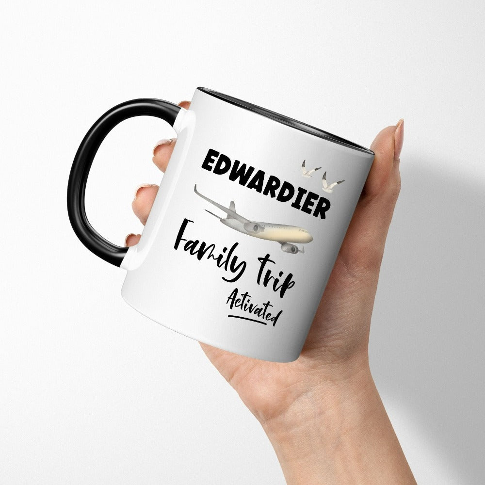 Family trip activated and in progress. Get in vacay mode with this custom coffee mug personalized with name and stand out on your summer vacation, island retreat, reunion, or mother daughter trip. Customized as a travel souvenir for adults and kids.