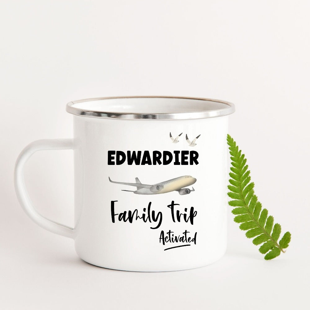Family trip activated and in progress. Get in vacay mode with this custom coffee mug personalized with name and stand out on your summer vacation, island retreat, reunion, or mother daughter trip. Customized as a travel souvenir for adults and kids.