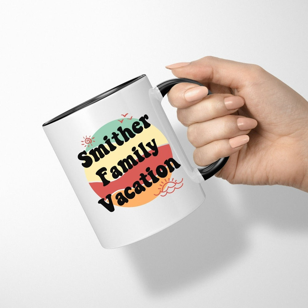 This matching family cruise vacation souvenir is the perfect way to get into vacay mode with a personalized mug. Customized with name and crafted to stand out, the whole travel crew squad will love this retro vintage look. Perfect for trip, cruise, beach life adventure!