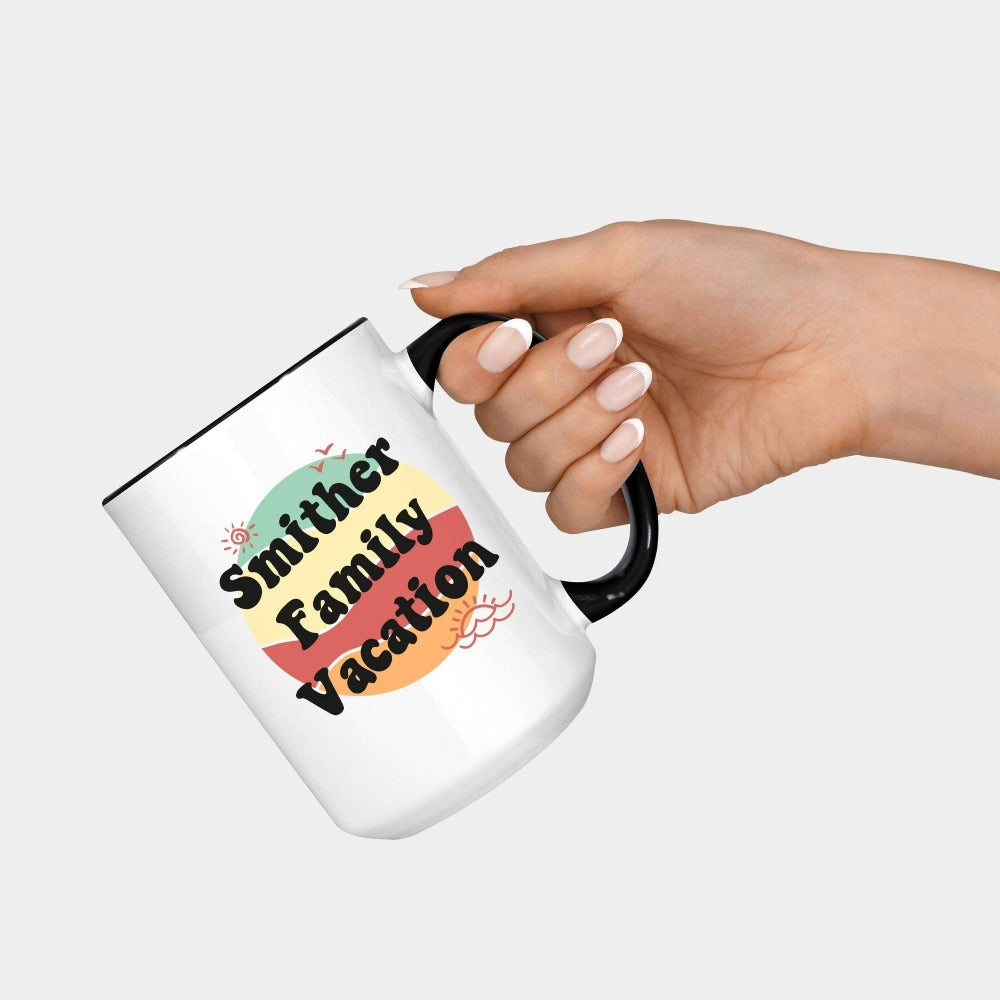This matching family cruise vacation souvenir is the perfect way to get into vacay mode with a personalized mug. Customized with name and crafted to stand out, the whole travel crew squad will love this retro vintage look. Perfect for trip, cruise, beach life adventure!