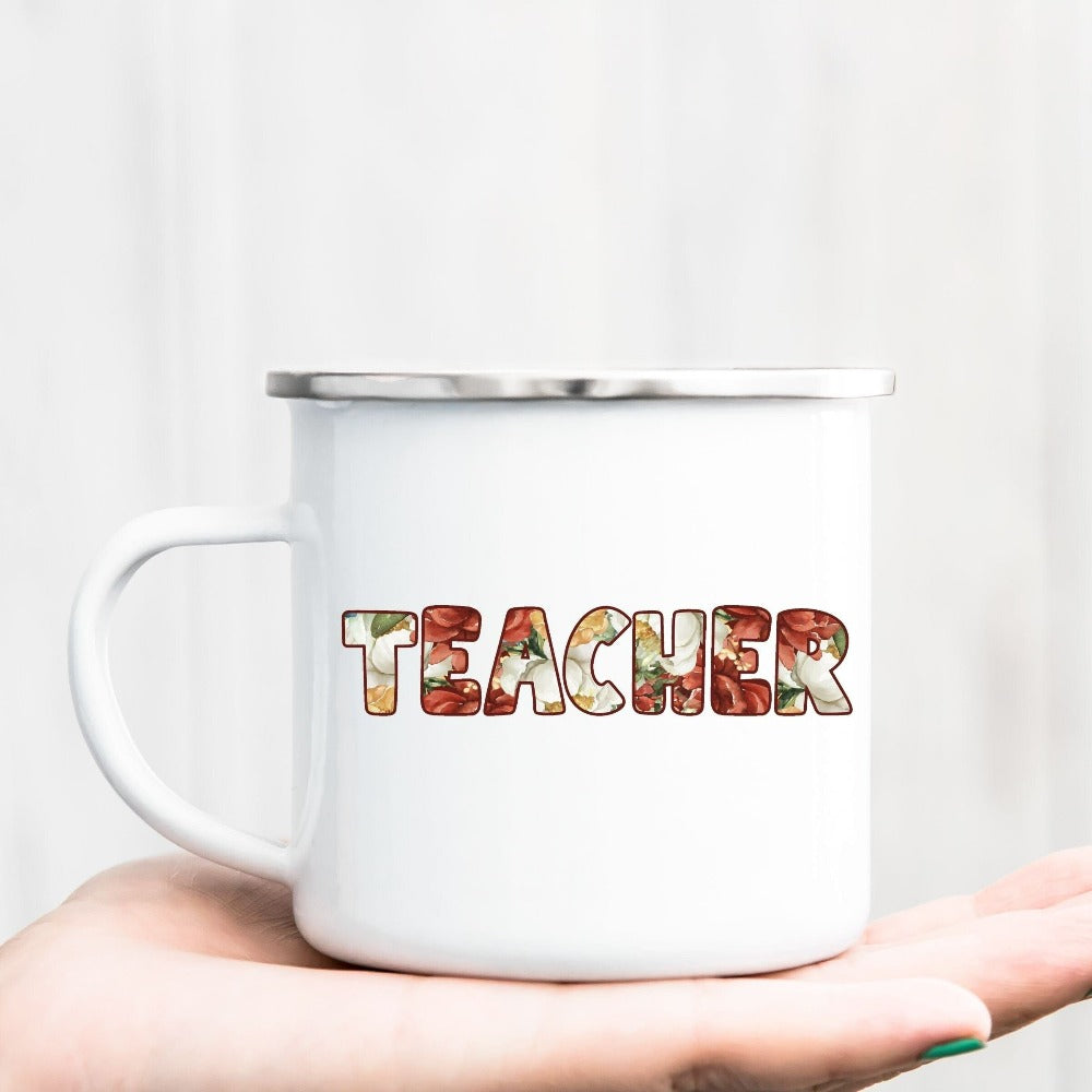 Floral coffee mug gift idea for teacher, trainer, instructor and homeschool mama. Show appreciation to your favorite grade teacher with this vibrant trendy beverage cup. Perfect for elementary, middle or high school, back to school, last day of school, summer or spring break. Great for everyday use both in and out of the classroom.