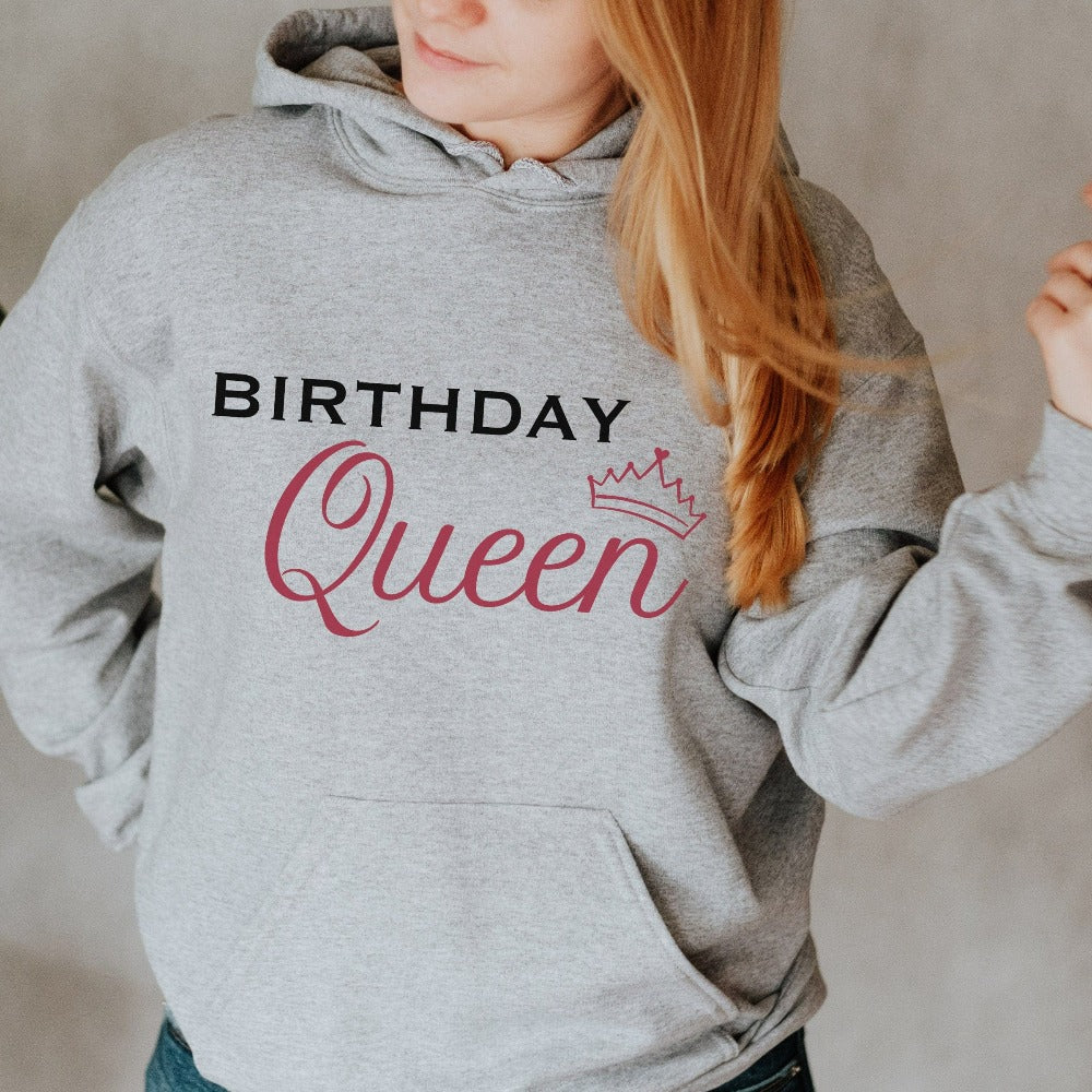 Birthday queen sweatshirt for a queen. If you are looking to stand out on your special day, this casual hoodie is adorable and has a great fit. Perfect for your dream destination travel vacation, birthday cruise, hanging out with your crew, babes or squad and celebrating you new age in a cute outfit. This is a great thoughtful gift idea for daughter, sister, mom, best friend, sibling, or any other queen you want to celebrate.