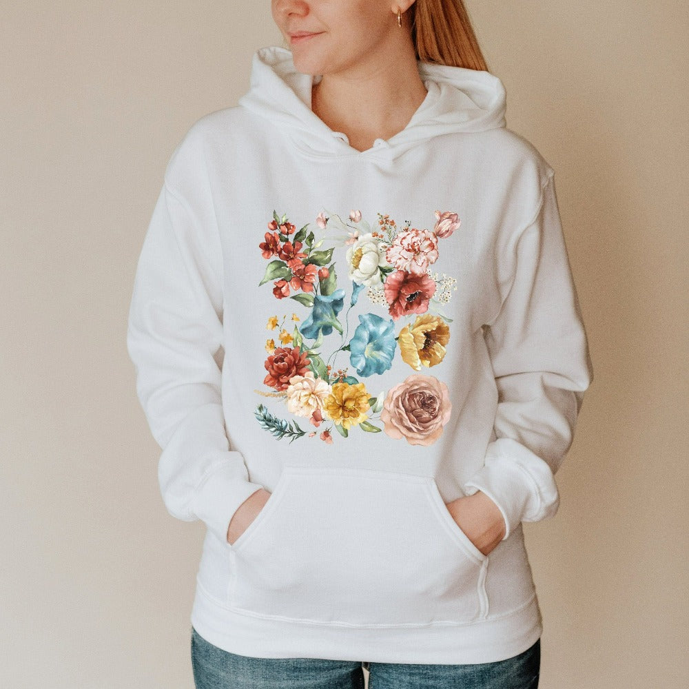 Wildflower floral graphic sweatshirt. This botanical wild flower hoodie is great for Mother's Day, birthday, Christmas holidays, gift for best friend, daughter, mom or loved one especially anyone that loves nature, flowers and adorable watercolor outfits. Vintage boho look, soft comfy feel and a flattering fashionable fit makes this a great outfit and gift idea.
