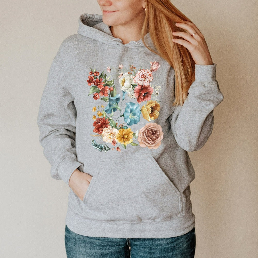 Wildflower floral graphic sweatshirt. This botanical wild flower hoodie is great for Mother's Day, birthday, Christmas holidays, gift for best friend, daughter, mom or loved one especially anyone that loves nature, flowers and adorable watercolor outfits. Vintage boho look, soft comfy feel and a flattering fashionable fit makes this a great outfit and gift idea.