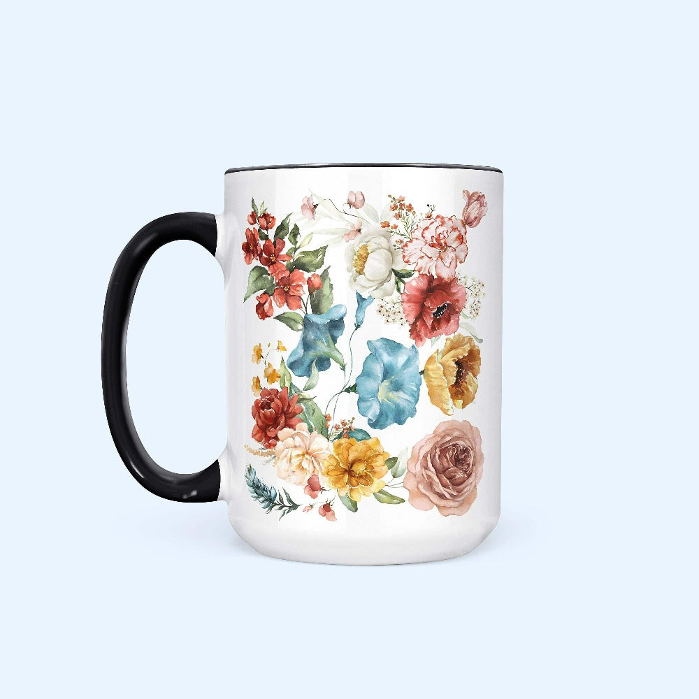Wildflower floral graphic coffee mug. This botanical wild flower souvenir is great for Mother's Day, birthday, Christmas holidays, gift for best friend, daughter, mom or loved one especially anyone that loves nature, flowers and adorable watercolor kitchenware. Vintage boho look gives a relaxed feel to any space.