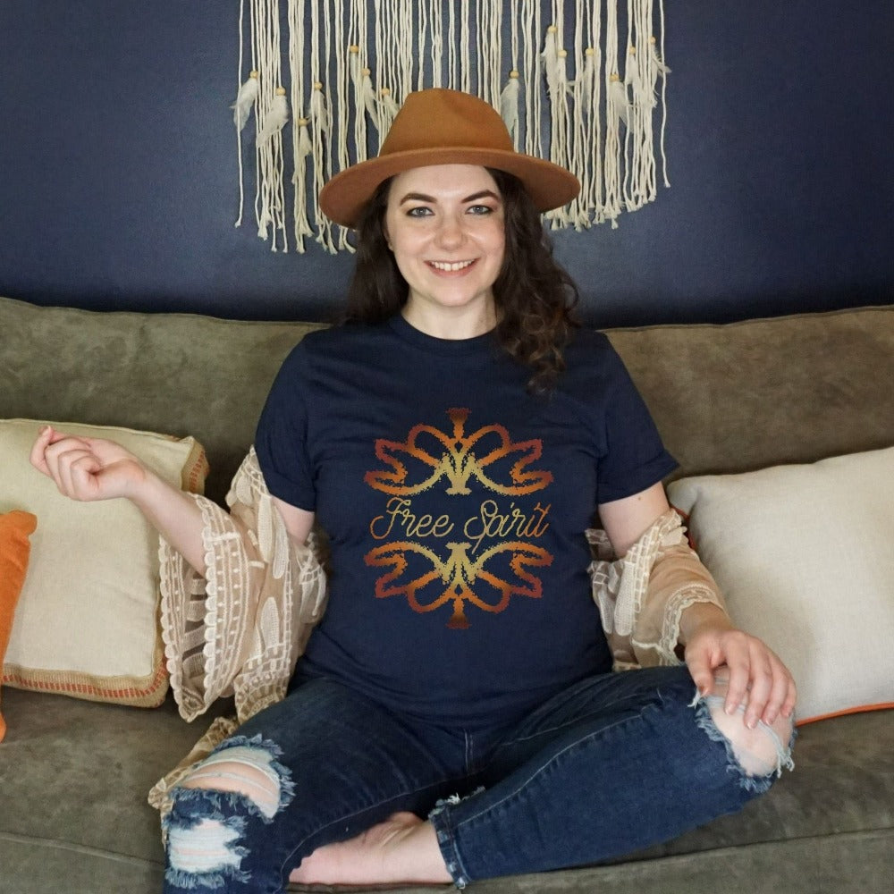 Free spirit graphic shirt. This boho abstract design outfit is perfect for everyday use both indoors and outdoors. With vintage bohemian vibes, this is a great birthday or Christmas holiday present for a loved wildflower you know. Great gift idea for nature lover, spirituality aware friend, yogi and outdoorsy friend.