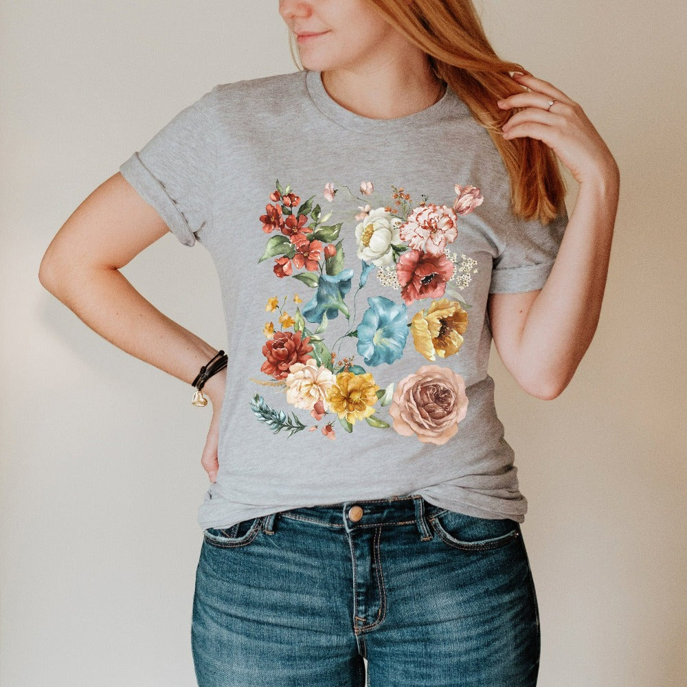 Wildflower floral graphic shirt. This botanical wild flower casual top is great for Mother's Day, birthday, Christmas holidays, gift for best friend, daughter, mom or loved one especially anyone that loves nature, flowers and adorable watercolor tees. Vintage boho look, soft comfy feel and a flattering fashionable fit makes this a great outfit and gift idea.