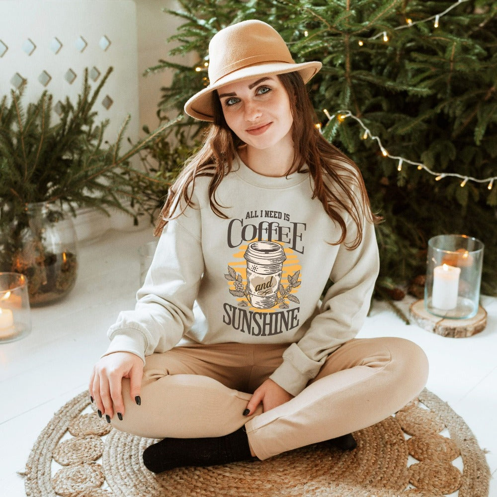 Humorous sunshine and coffee lover gift idea for summer break, vacation life, beach vacay mode, girls road trip and family reunions. Show appreciation to your favorite loved one, mom, grandma, best friend or relative with this cute sweatshirt. Great funny graphic shirt for everyday use both indoors and outdoors.