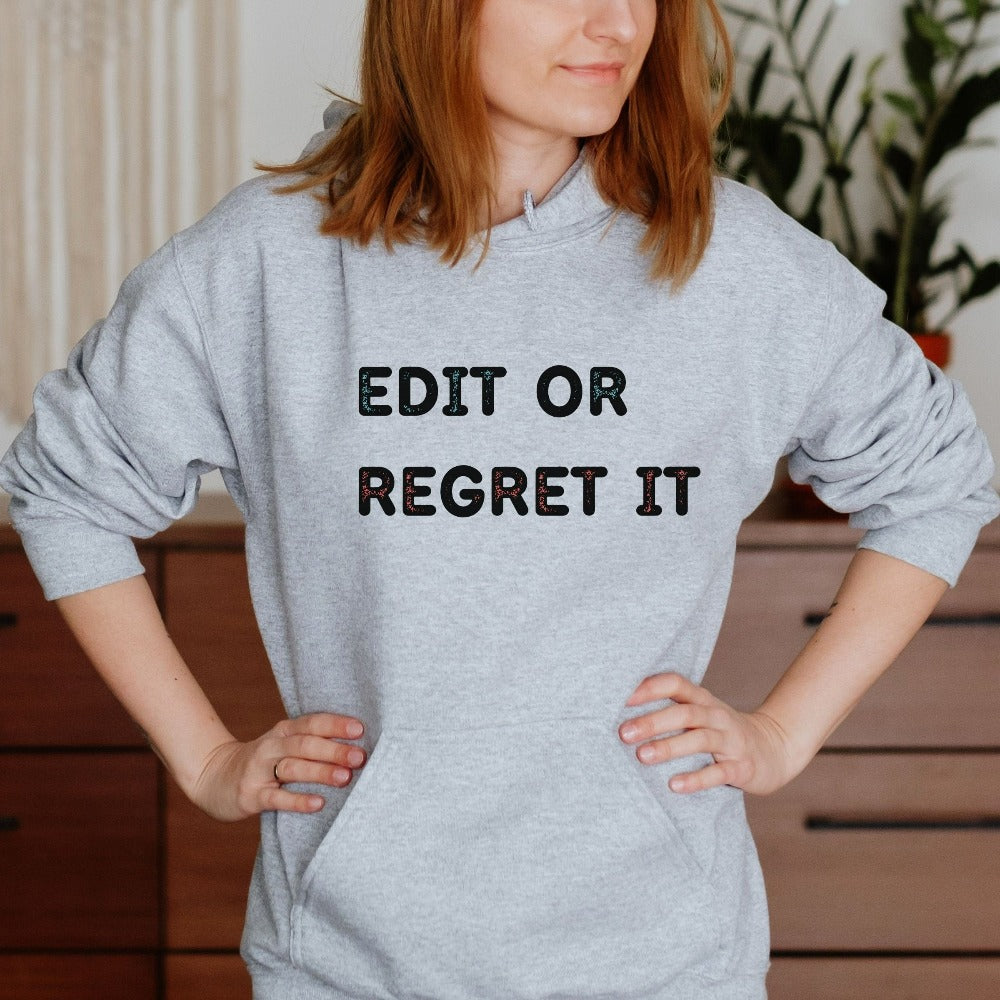 Funny book lover, poet, editor, writer, English literature teacher, reading club or librarian gift idea. This Edit it or Regret it humorous saying is a great expressive quote on a cozy sweatshirt. It always becomes the center of great conversation and a favorite for literacy groups.