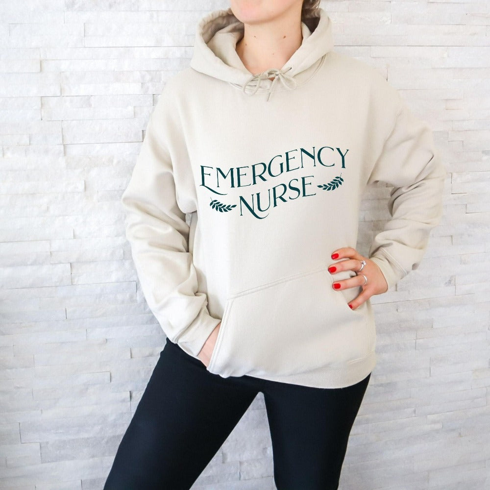 Emergency Nurse sweatshirt. This minimalist gift idea works for Nursing Graduate, New Nurse, Emergency Department Unit, ER Crew. Perfect appreciation thank you gift for hospital ward favorite nurse team and co-workers. Great staff work shirt for both night and day shifts.