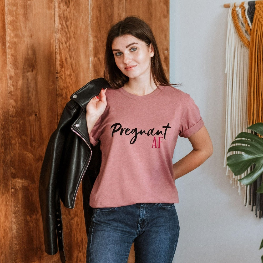 Cute pregnant AF shirt. Celebrate your little blessing with this perfect going home hospital outfit for new mom. Great family surprise baby announcement outfit for mother of multiples, expecting mother, gender reveal party. IVF baby shower gift idea.