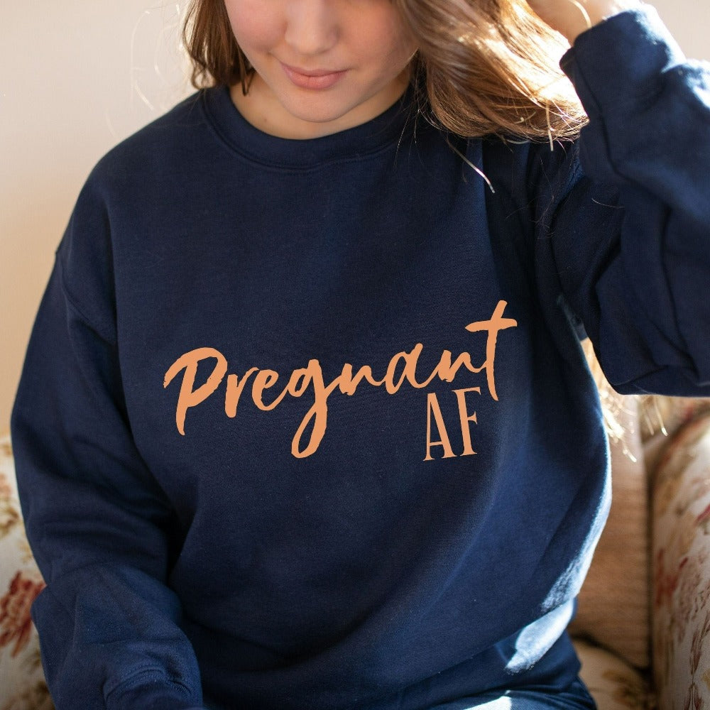 Cute pregnant AF sweatshirt. Celebrate your little blessing with this perfect going home hospital outfit for new mom. Great family surprise baby announcement shirt for mother of multiples, expecting mother, gender reveal party. IVF baby shower gift idea.