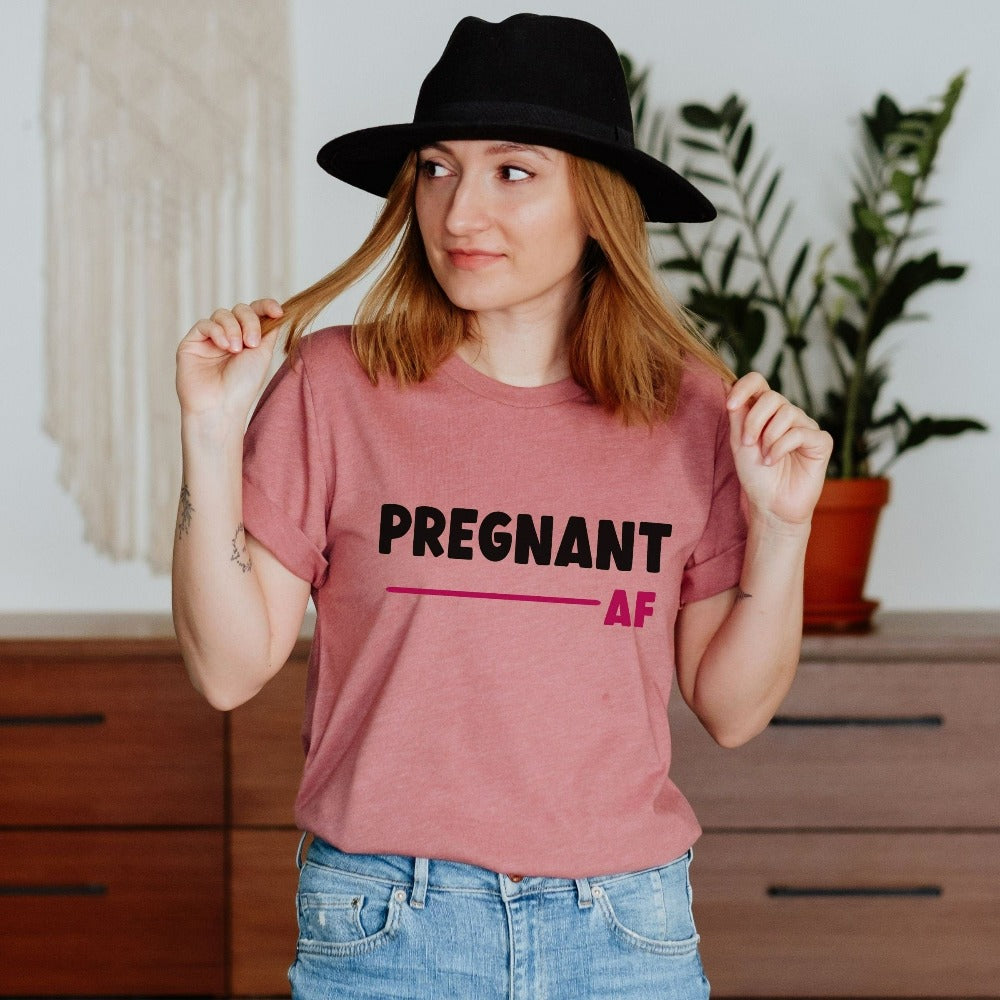 Cute pregnant AF shirt. Celebrate your little blessing with this perfect going home hospital outfit for new mom. Great family surprise baby announcement outfit for mother of multiples, expecting mother, gender reveal party. IVF baby shower gift idea.