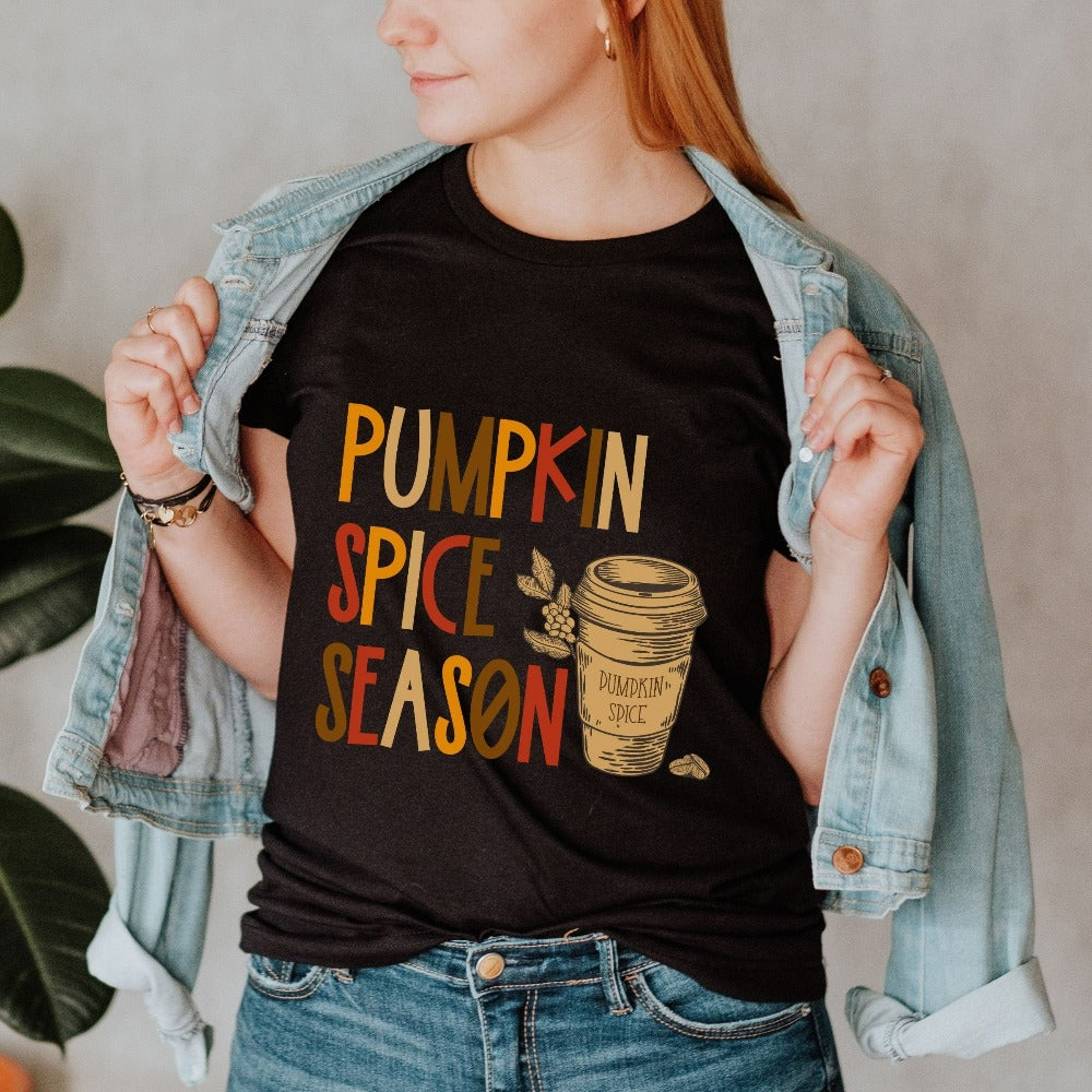 Pumpkin Spice Season Fall Shirt. Ready for pumpkin harvests, bonfires, adorable gifts, hayrides, family thanksgiving reunions, vibrant autumn colors, Halloween and all things cozy? Grab this super adorable shirt perfect for the holiday season's activities.