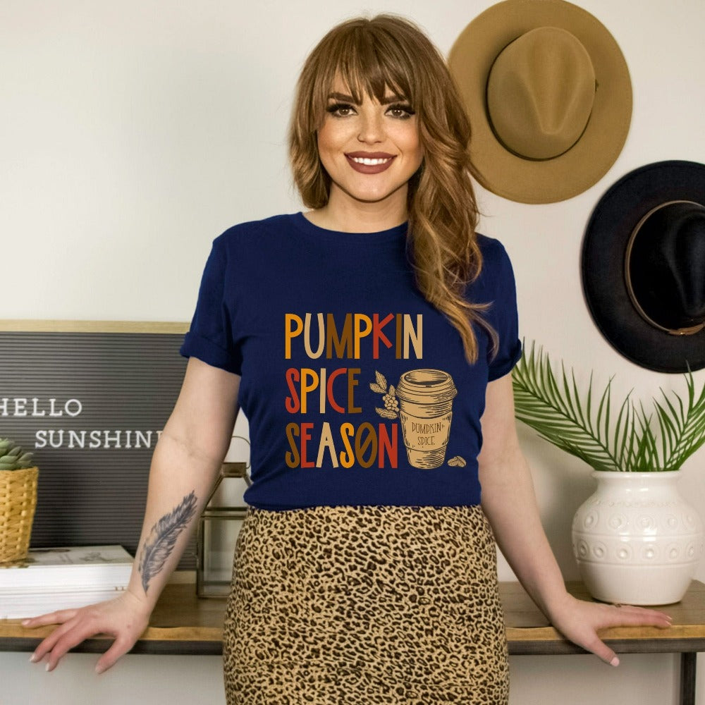 Pumpkin Spice Season Fall Shirt. Ready for pumpkin harvests, bonfires, adorable gifts, hayrides, family thanksgiving reunions, vibrant autumn colors, Halloween and all things cozy? Grab this super adorable shirt perfect for the holiday season's activities.