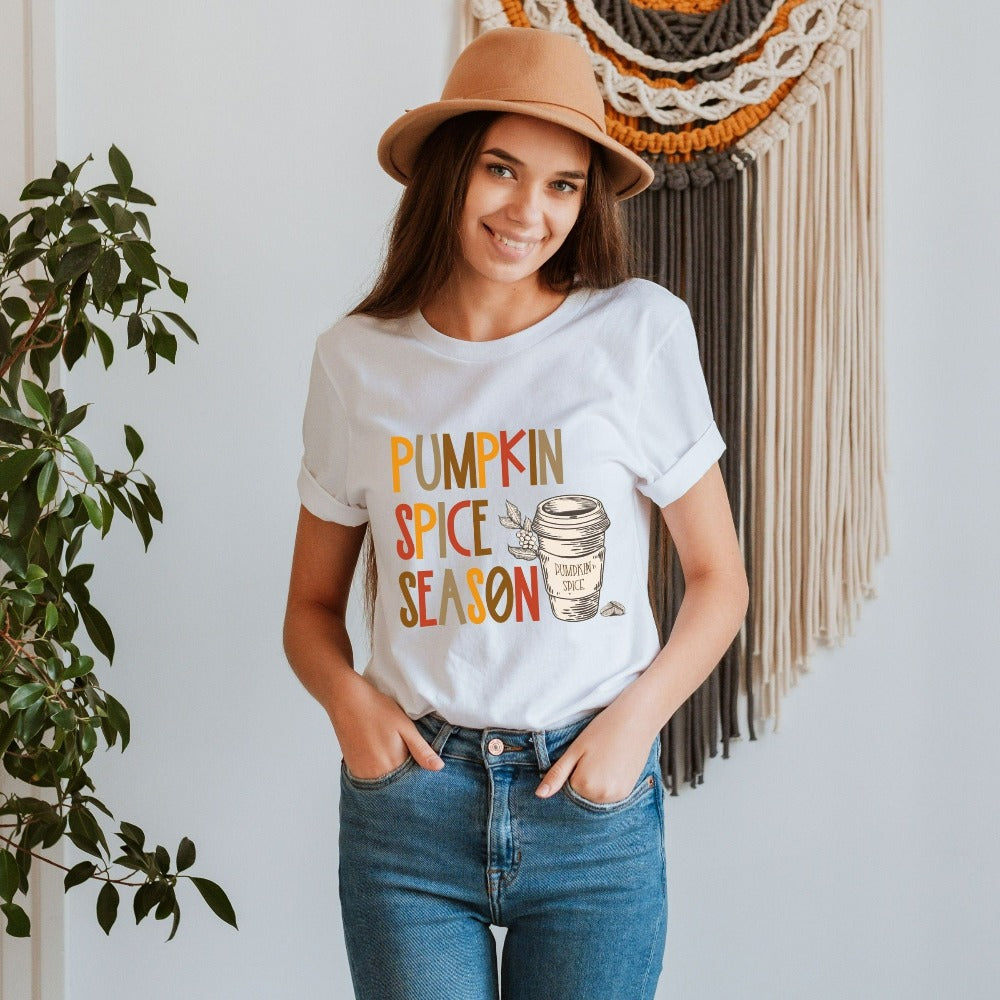 Pumpkin Spice Season Fall Shirt. Ready for pumpkin harvests, bonfires, adorable gifts, hayrides, family thanksgiving reunions, vibrant autumn colors, Halloween and all things cozy? Grab this super adorable shirt perfect for the holiday season's activities.