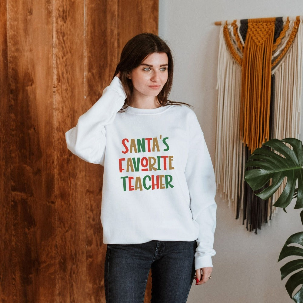 Teacher Christmas Sweatshirt, Cute Santa Shirt for Teacher, Teacher Winter Sweater, Preschool Teacher Crewneck Sweatshirt for Xmas Holiday, Teacher Christmas Gifts