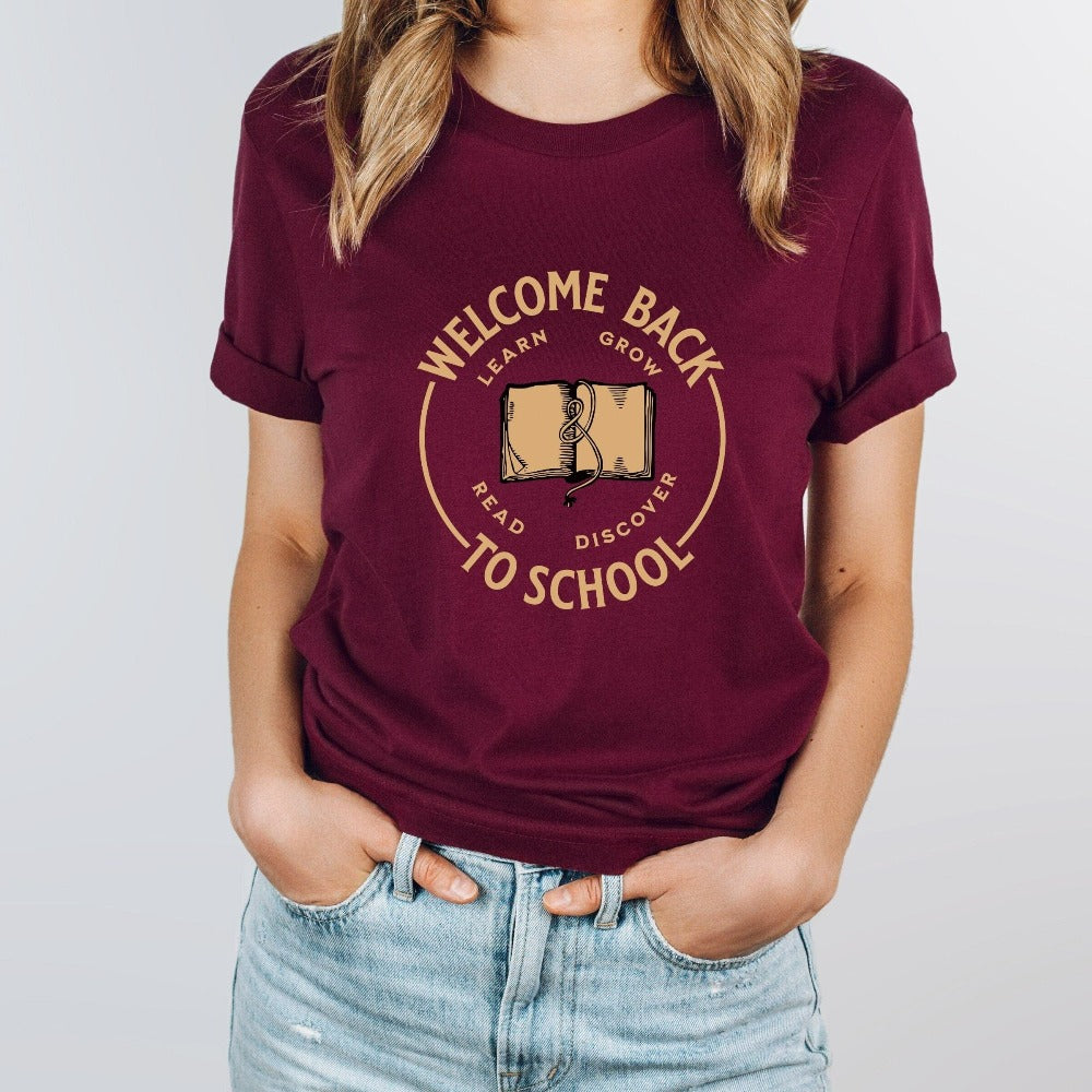 First day welcome back to school new grade teacher t-shirt. This cute and unique shirt is great for school start, and makes a great gift idea for your favorite elementary, middle or high school teacher. Grab this for your staff teacher school crew as a matching shirt.