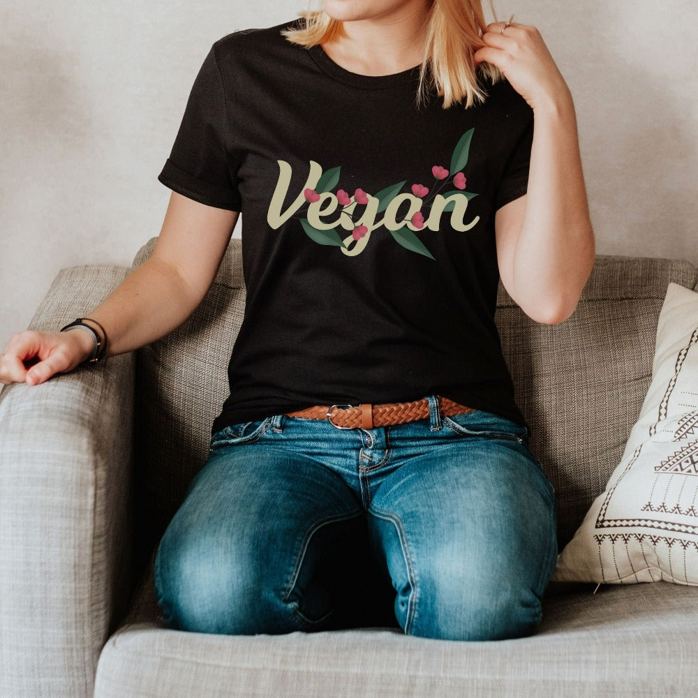 Floral vegan graphic shirt. Know a vegan? This top is always a hit and makes a great birthday or Christmas holiday gift. Super adorable and expressive gift idea for family, friend, chef, foodie or co-worker.