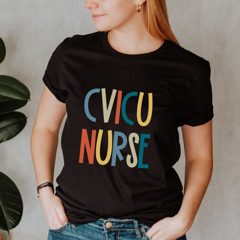 Cardiovascular Intensive Care Unit Nurse shirt. This retro minimalist gift idea works for Nursing Graduate, New CVICU nurse, Cardiac Care Unit (CCU), Cardio-vascular ICU Unit Crew. Perfect appreciation thank you gift for hospital ward favorite nurse team and co-workers. Great staff work tee for both night and day shifts.