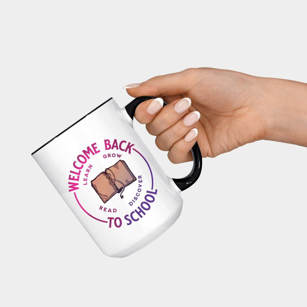 First day welcome back to school new grade teacher coffee mug. This cute and unique mug is great for school start, and makes a great gift idea for your favorite elementary, middle or high school teacher. Grab this for your staff teacher school crew as a matching souvenir.